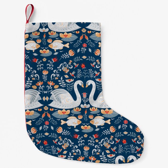Swans, fish, flowers, folk pattern. small christmas stocking (Front)