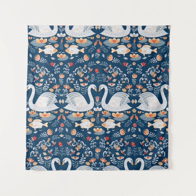 Swans, fish, flowers, folk pattern. tapestry (Front)