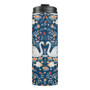 Swans, fish, flowers, folk pattern. thermal tumbler