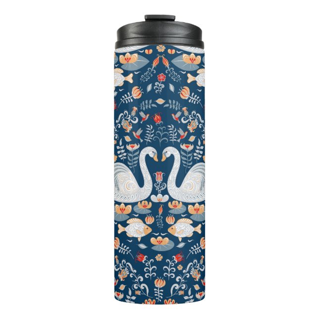 Swans, fish, flowers, folk pattern. thermal tumbler (Front)
