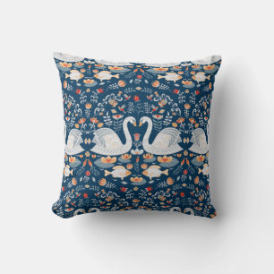 Swans, fish, flowers, folk pattern. throw pillow