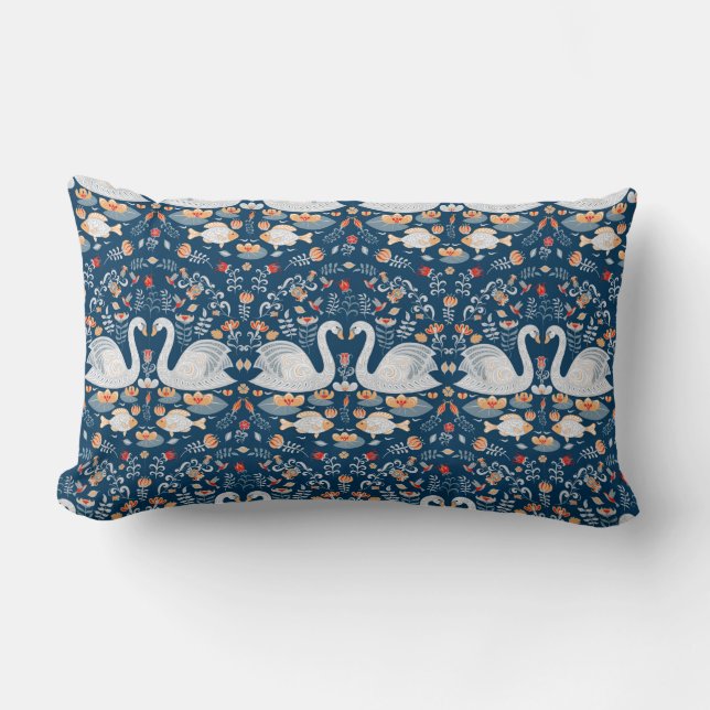 Swans,fish,flowers on a blue background. Decorativ Lumbar Pillow (Front)
