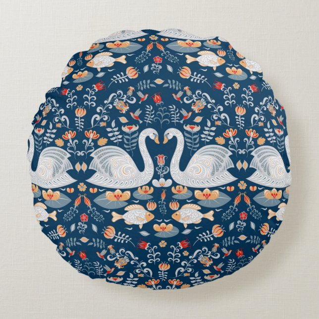 Swans,fish,flowers on a blue background. Decorativ Round Pillow (Front)