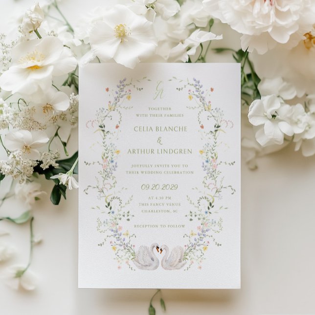 Swans Floral Frame Monogram Wedding  Invitation (Creator Uploaded)