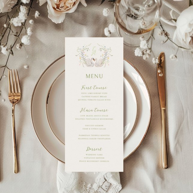 Swans Floral Monogram Crest Wedding  Menu (Creator Uploaded)