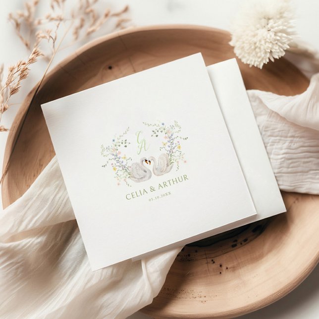 Swans Floral Monogram Crest Wedding  Napkin (Creator Uploaded)