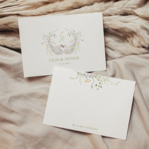 Swans Floral Monogram Crest Wedding Thank You Card