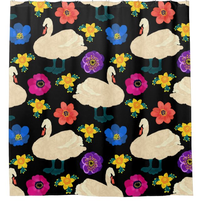 Swans, flowers, hand-drawn black background. (Front)