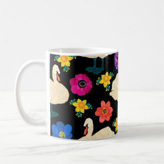 Swans, flowers, hand-drawn black background. coffee mug