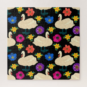 Swans, flowers, hand-drawn black background. jigsaw puzzle
