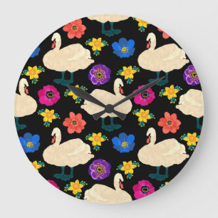 Swans, flowers, hand-drawn black background. large clock