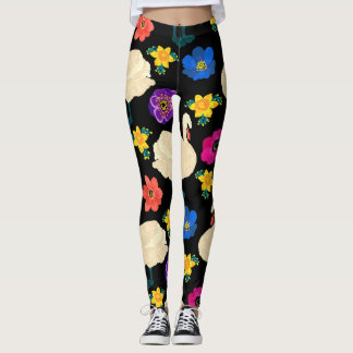 Swans, flowers, hand-drawn black background. leggings