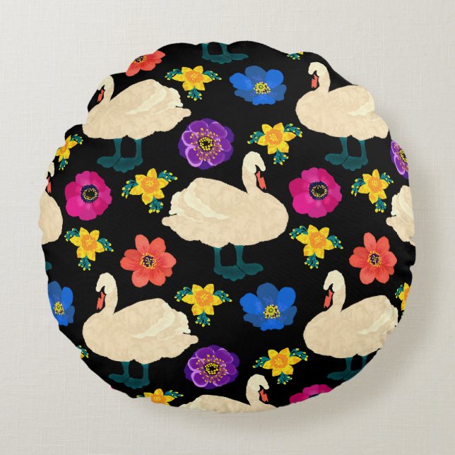 Swans, flowers, hand-drawn black background. round pillow (Front)