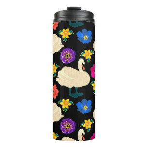 Swans, flowers, hand-drawn black background. thermal tumbler