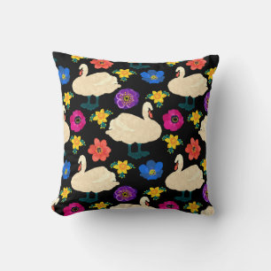 Swans, flowers, hand-drawn black background. throw pillow