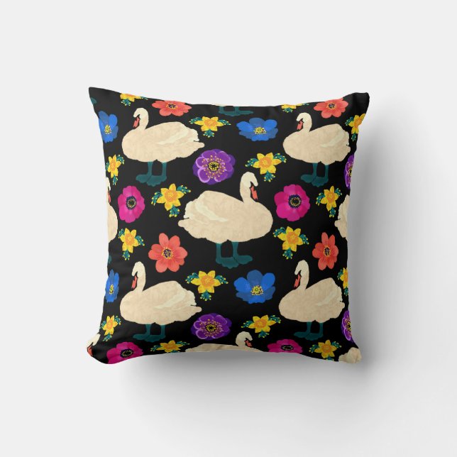 Swans, flowers, hand-drawn black background. throw pillow (Front)