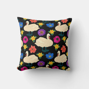 Swans, flowers, hand-drawn black background. throw pillow