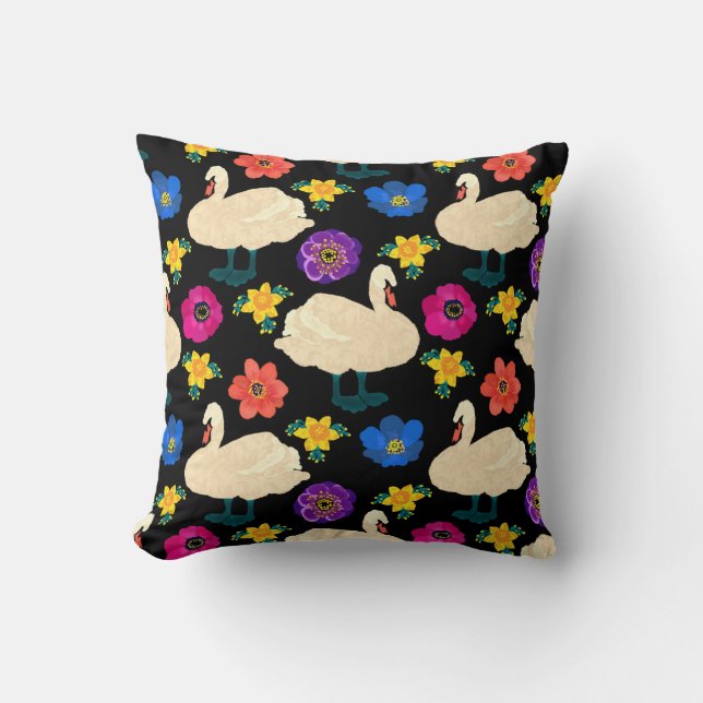 Swans, flowers, hand-drawn black background. throw pillow (Front)