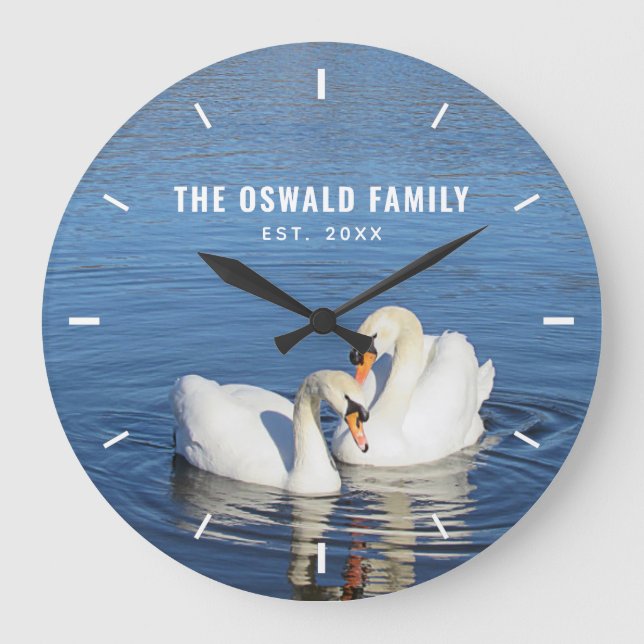 Swans in Blue Water Photograph Personalized Large Clock (Front)