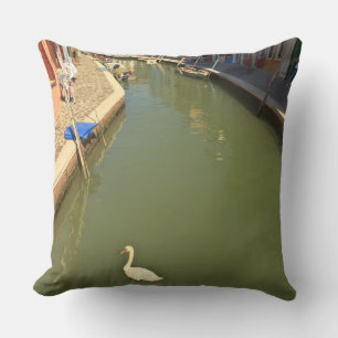 Swans in canal, Burano Island, Venice, Italy Throw Pillow