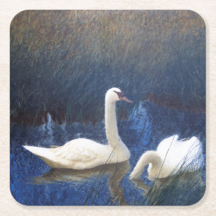 Swans in Reeds, Bruno Liljefors Square Paper Coaster
