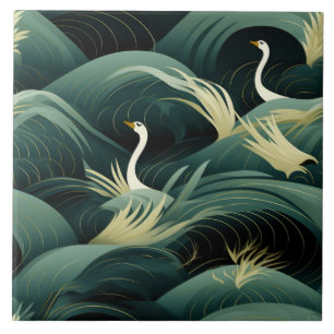 Swans in Waves, Chic Modern Design Tile