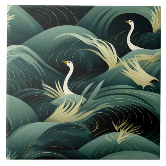 Swans in Waves, Chic Modern Design Tile (Front)