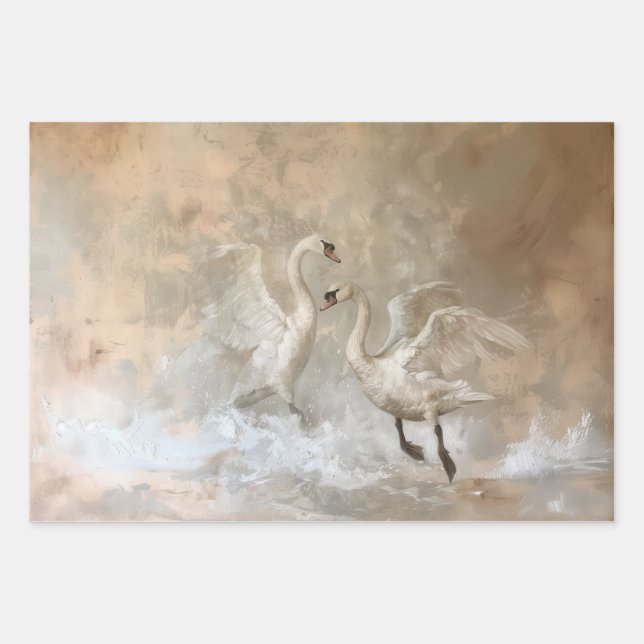 Swans - Oil Painting Style Wrapping Gift Paper (Front)