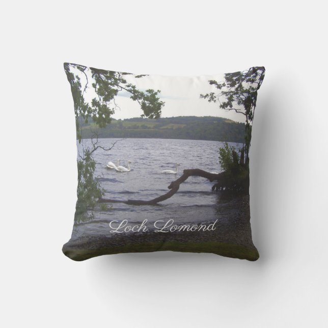 Swans on Loch Lomond Throw Pillow (Front)
