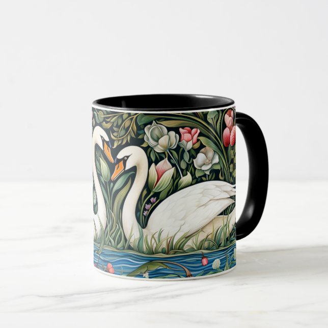 Swans on Pond William Morris Style Painting Art Mug (Front Right)