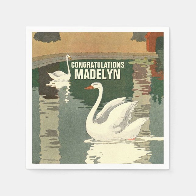 Swans on the Lake Congratulations Antique White Napkin (Front)