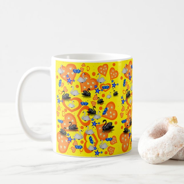 Swans Orange Hearts Blue Stars Yellow Mug (With Donut)