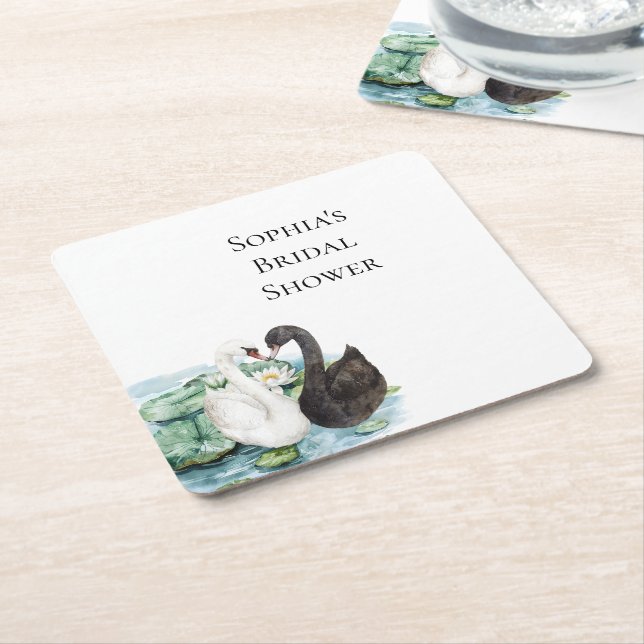 Swans Water Lilies Lake Romantic Bridal Shower Square Paper Coaster (Angled)
