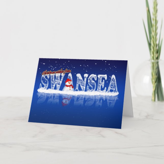 Swansea Christmas Card - Ice Text And Snowman (Front)