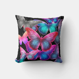 Swarm Of Colourful Butterflies On Black Background Throw Pillow