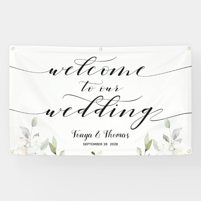 Swash Calligraphy Greenery Welcome To Our Wedding Banner (Horizontal)