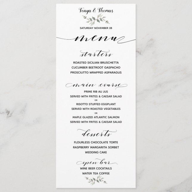 Swash Font Calligraphy Black White Wedding Bar Menu (Front)
