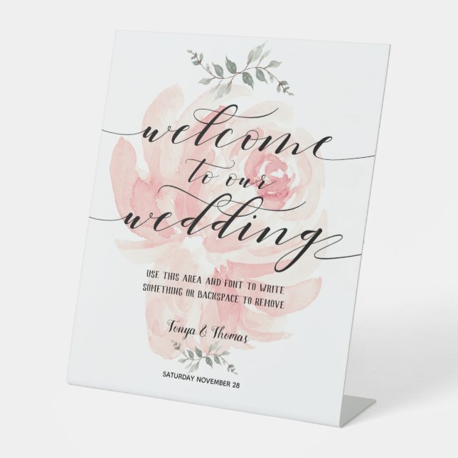 Swash Font Calligraphy Blush Pink Flower Wedding Pedestal Sign (Front)
