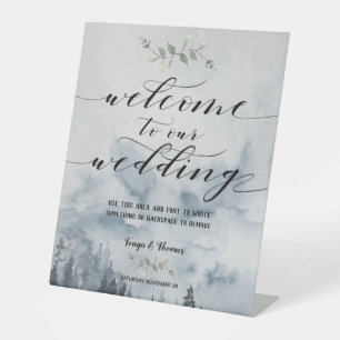 Swash Font Calligraphy Misty Winter Scene Wedding Pedestal Sign