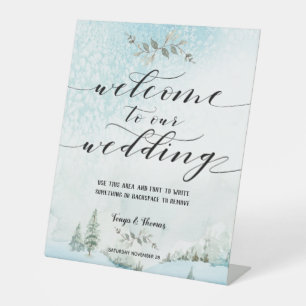 Swash Font Calligraphy Snowy Winter Scene Wedding Pedestal Sign