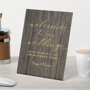 Swash Font Calligraphy Wood & Gold Welcome Wedding Pedestal Sign