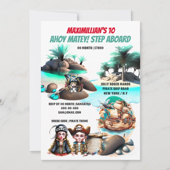 Swashbuckling pirate boy girl island treasure ship invitation (Front)