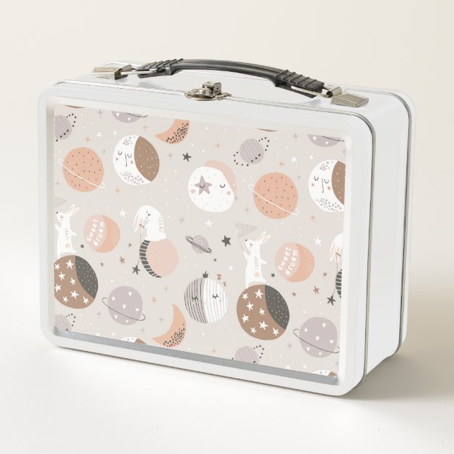 Sweat Dream Bunnies In Space Pattern Metal Lunch Box (Front)