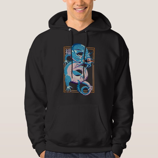Sweat - shirt à capuche de dragon chinois bleu (Devant)