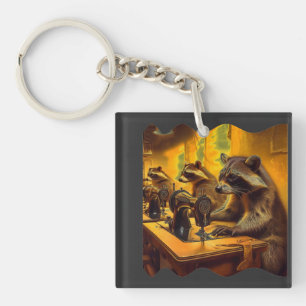Sweat Shop Scene Raccoons Sewing On Old Machines Keychain
