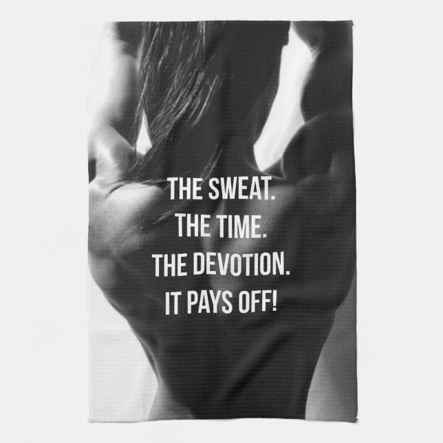 Sweat, Time, Devotion Women's Workout Motivational Kitchen Towel (Vertical)