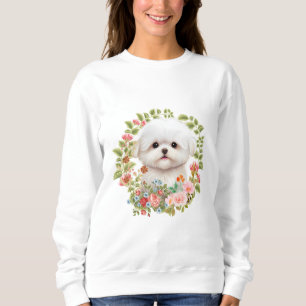 Sweatshirt adorable chiot maltais en fleur, Amoureux des chie