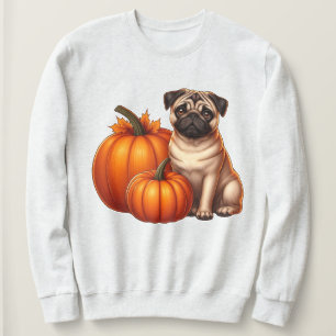 Sweatshirt Adorable Pug Assis à Côté de Citrouilles avec Auto