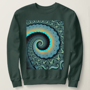 Sweatshirt Art fractal spirale abstrait bleu turquoise orange