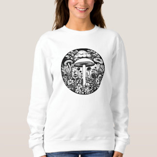 Sweatshirt Champignons et fleurs rétro noirs et blancs